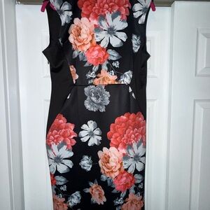 Floral Midi Dress with Black and Red Accents